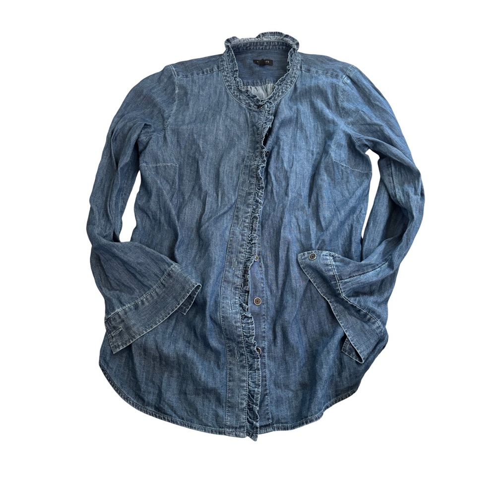 Talbots Chambray Shirt Womens S Blue Ruffle Collar Long Sleeve Cotton Button Up